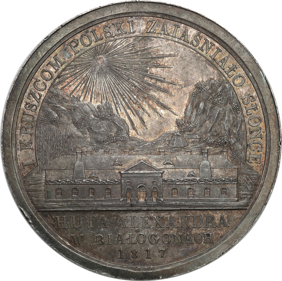 Królestwo Polskie.  Aleksander I. Medal 1817 Huta Aleksandra w Białogonach, SREBRO - RZADKOŚĆ